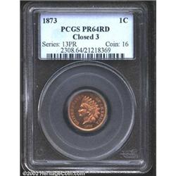 1873 1C Closed 3 PR64 Red PCGS. A lovely near-Gem with salmon-pink color, a crisp strike, and beauti