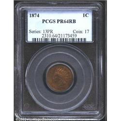 1874 1C PR64 Red and Brown PCGS. Both sides present a mostly honey-copper appearance, although selec