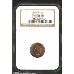 1874 1C PR66 Red and Brown NGC. Mottled olive-brown toning overlays the otherwise golden-orange surf