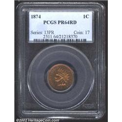 1874 1C PR64 Red PCGS. The 4 in the date is recut, which appears as an extension of the diagonal bar