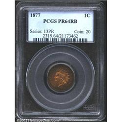 1877 1C PR64 Red and Brown PCGS. An intriguing example, the mostly lustrous, orange-red centers glis