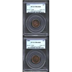 1879 1C PR64 Red and Brown PCGS, mottled golden-brown, blue-violet, and sea-green patina, well struc