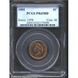 1905 1C PR65 Red PCGS. The otherwise golden-orange color to the luster deepens to crimson-orange sha