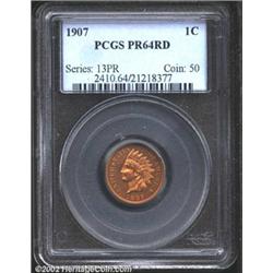 1907 1C PR64 Red PCGS. Luminous gold in color, save for a band of crimson iridescence at the reverse