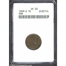 1909-S VDB 1C VF20 ANACS. Light brown patina. The legends and wheat ears are sharp. Traces of verdig