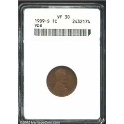 1909-S VDB 1C VF30 ANACS. Light brown color. The lower reverse has a faint yellow planchet streak, a