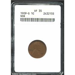 1909-S VDB 1C VF35 ANACS. Light chocolate-brown color. A pleasing example of this low mintage issue.