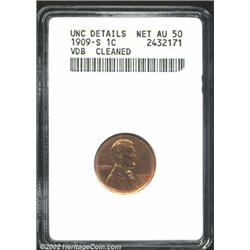 1909-S VDB 1C--Cleaned--ANACS. Unc Details, Net AU50. A faded yellow-orange example that perhaps was
