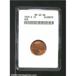 1909-S VDB 1C MS62 Red and Brown ANACS. Mostly pale gold in color, with blushes of lilac patina on t