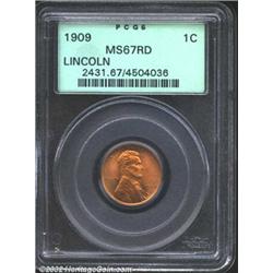 1909 1C MS67 Red PCGS. The smooth red surfaces glow with maize highlights on this first year issue..