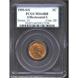 1909-S 1C S Over Horizontal S MS64 Red and Brown PCGS. FS-12.3. Lovely wood-grain patina. A bright a