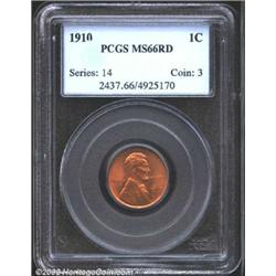 1910 1C MS66 Red PCGS. A lustrous pumpkin-orange Gem. The strike is razor-sharp, and the obverse fie
