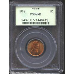 1910 1C MS67 Red PCGS. Rich copper-red color intermingles with yellow-olive iridescence at the margi