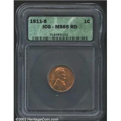 1911-S 1C MS65 Red ICG. Pumpkin-orange and yellow-green colors. A lustrous Gem that is seemingly fre