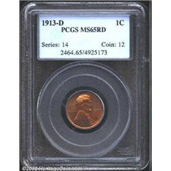 1913-D 1C MS65 Red PCGS. An impressive Gem Cent that somewhat resembles a matte proof. The strike is