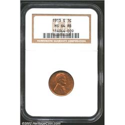 1913-S 1C MS64 Red and Brown NGC. Orange and iridescent violet colors interchange across each side..