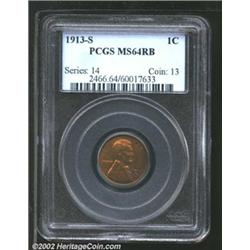 1913-S 1C MS64 Red and Brown PCGS. Dark chestnut and red with flashes of intense crimson and violet.