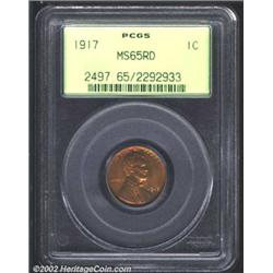 1917 1C MS65 Red PCGS. Glowing cherry red patina with hints of violet. A few small abrasions, includ