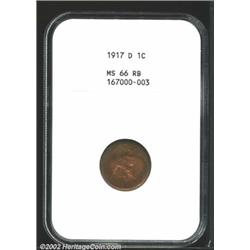 1917-D 1C MS66 Red and Brown NGC. Sea-green, rose, and violet colors. A sharply struck Gem with unbl