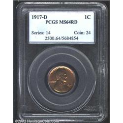 1917-D 1C MS64 Red PCGS. A late die state example with a solid golden red patina. The reverse featur