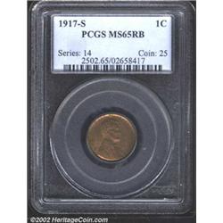 1917-S 1C MS65 Red and Brown PCGS. A sharply struck Gem with reasonable luster and rich wood-grain s