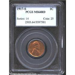 1917-S 1C MS64 Red PCGS. This better date cent has a golden tan patina and retains a good amount of.