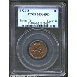 1920-S 1C MS64 Red PCGS. The borders are somewhat softly struck, but the luster is good and the oliv