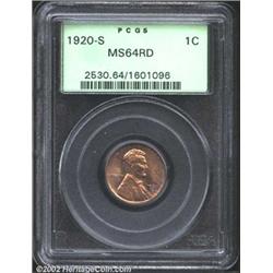 1920-S 1C MS64 Red PCGS. A lustrous near-Gem with pale olive and champagne gold color. Although not.