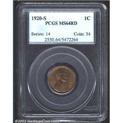 1920-S 1C MS64 Red PCGS. Rich champagne-gold and olive color, with good luster and a reasonable stri