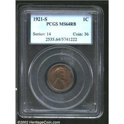 1921-S 1C MS64 Red and Brown PCGS. Lustrous red around both the peripheries and the fields underlyin