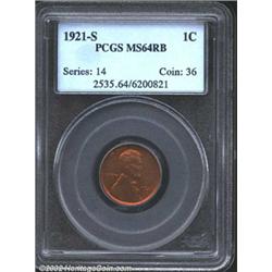 1921-S 1C MS64 Red and Brown PCGS. Deep burnt-orange in color, with a good strike, modest luster, an
