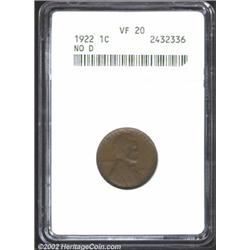 1922 No D 1C Strong Reverse VF20 ANACS. Rich chocolate-brown patina. The lower bust has a scratch, b