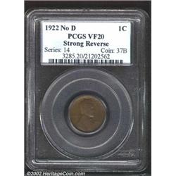 1922 No D 1C Strong Reverse VF20 PCGS. Deep olive and lavender patina. A faint pinscratch below the.