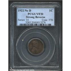 1922 No D 1C Strong Reverse VF20 PCGS. The obverse is mottled two-tone brown in color, while the rev