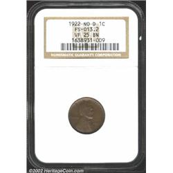 1922 No D 1C Strong Reverse VF25 NGC. FS-13.2. Deep saddle-brown patina. Due to the worn state of th