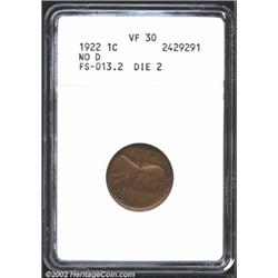 1922 No D 1C Strong Reverse VF30 ANACS. FS-13.2, Die Pair 2. Deep tan-brown color. Both sides have a