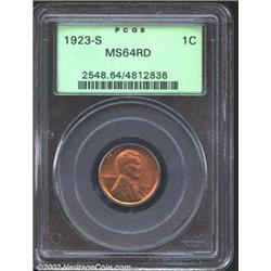 1923-S 1C MS64 Red PCGS. A pleasingly subdued red patina fading to darker shades along Lincoln's hig