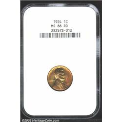 1924 1C MS66 Red NGC. Bright apricot and gold color. Sharply struck with flashy luster and abrasion-