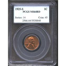 1925-S 1C MS64 Red PCGS. Pleasing glossy dark red patina with a few small spots of darker color. A f