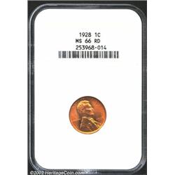 1928 1C MS66 Red NGC. Luminous rose-orange color. A flashy Gem that has a sharp strike and virtually