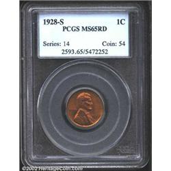 1928-S 1C MS65 Red PCGS. A grape-red example of this better date Lincoln Cent. A few small blemishes