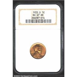 1933-D 1C MS67 Red NGC. A fiery Gem with radiant orange color. A nicely struck Superb Gem with no vi