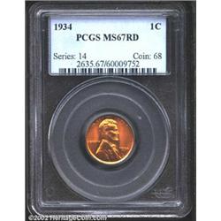 1934 1C MS67 Red PCGS. A sharply struck and flashy Superb Gem that has intense pumpkin-orange color.