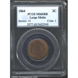 1864 2C Large Motto MS65 Red and Brown PCGS. Mostly red, lustrous toning with slight russet toning..