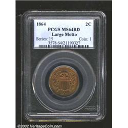 1864 2C Large Motto MS64 Red PCGS. A lustrous near-Gem that has lovely original yellow-green color..