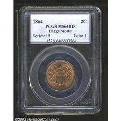 1864 2C Large Motto MS64 Red PCGS. There is a planchet flaw (as struck) to the right of the date. A.