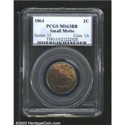 1864 2C Small Motto MS63 Red and Brown PCGS. Streaks of gold and violet-brown alternate across both.