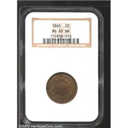 1865 2C MS65 Brown NGC. A well struck Gem that has lustrous and exquisitely preserved surfaces. A ti