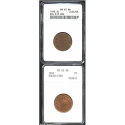 1865 2C MS62 Red and Brown ANACS, Doubled Die Obverse, lovely olive-gold color is seen on the obvers