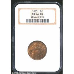 1865 2C MS66 Red and Brown NGC. Ruddy brown surfaces with deeper golden-red undertones. There is a t